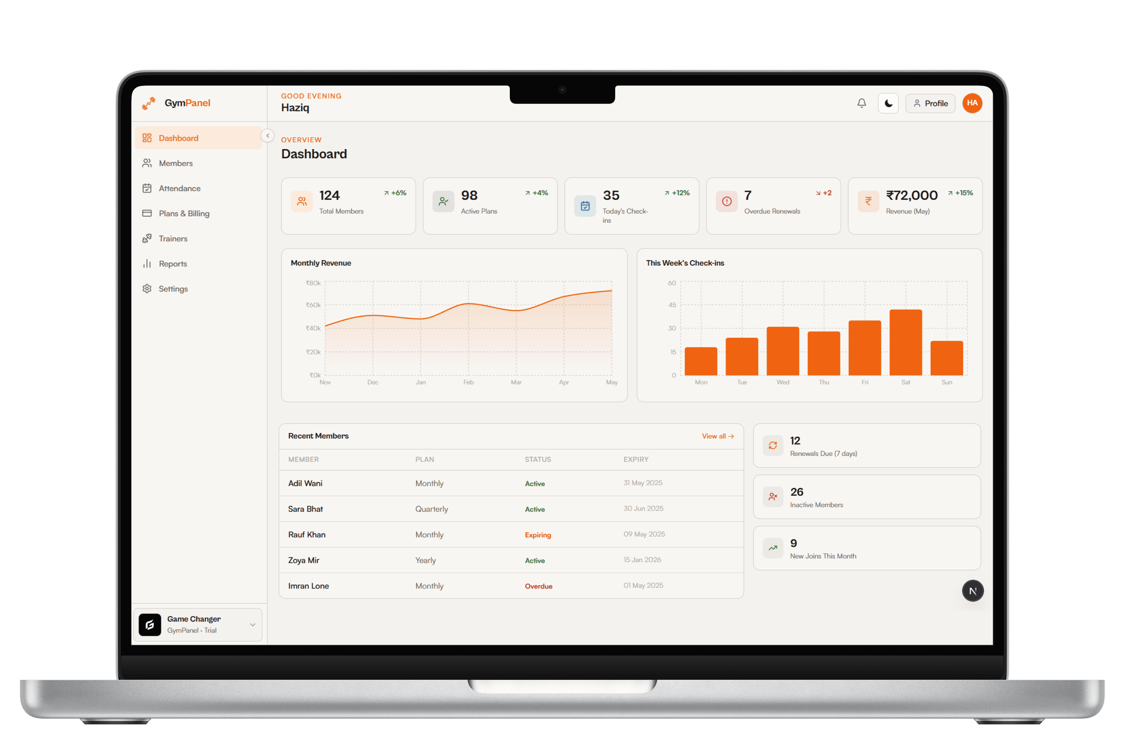 GymPanel owner dashboard on desktop